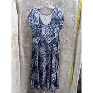 Bohemian Dress Women's Large Scoop Neck Mix Print Midi Blue Casual‎ Shibori